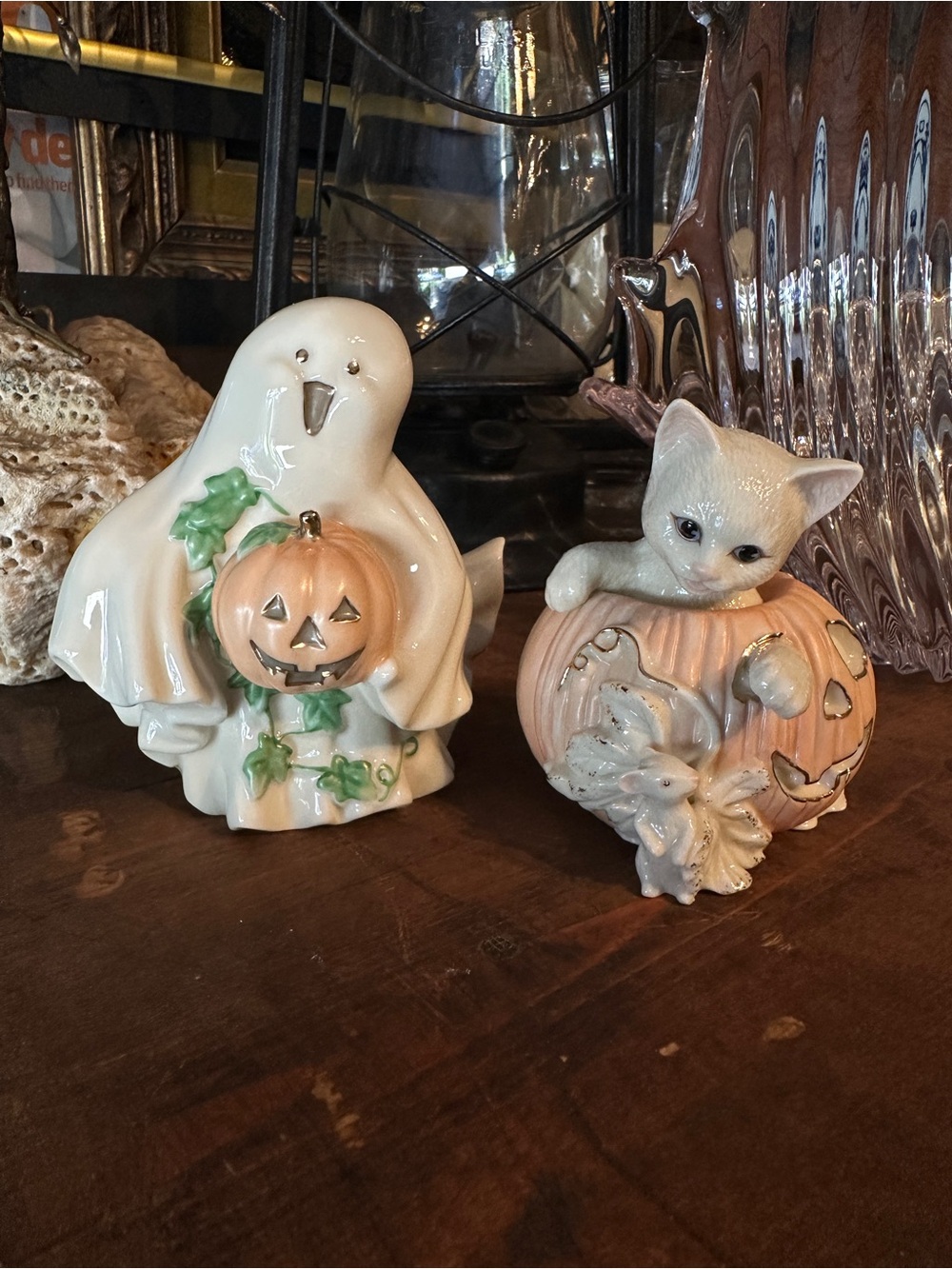 Lenox Halloween Hand Painted Ceramic Figurines Ghost & Cat in Pumpkin Set of 2